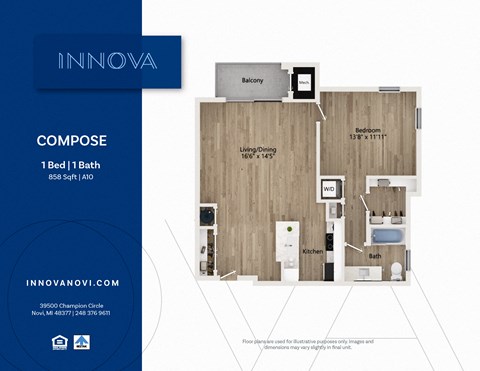 Floor plan for 1 bed, 1 bath, 858 sqft